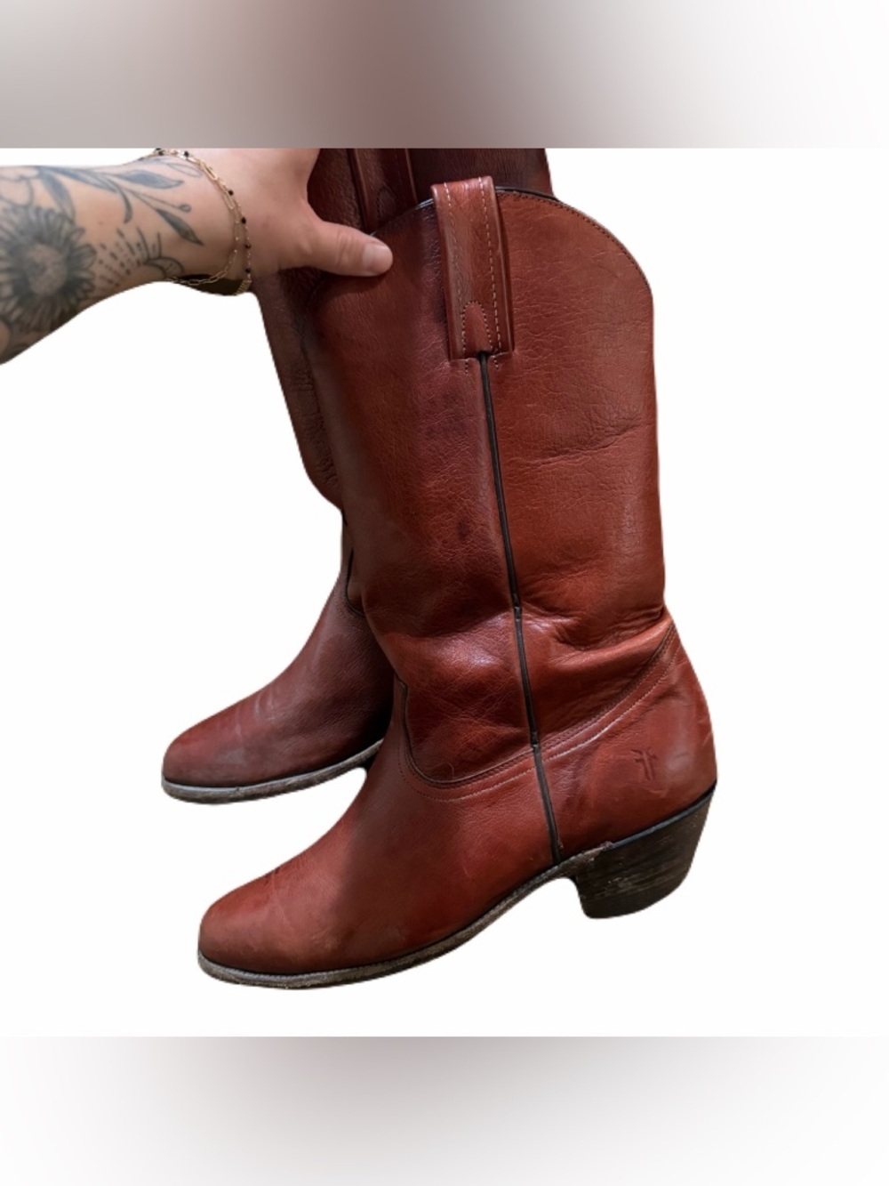 FRYE Vintage Western Mens Boots Cowboy Leather 3811 Cognac Size 11 D USA
